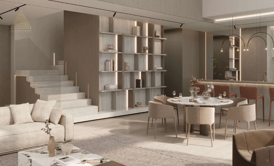 Gharbi 2 Residences at JVC by Rabdan Real Estate Developmentمساكن غربي 2 في قرية جميرا الدائرية من ربدان للتطوير العقاري.dinning in living