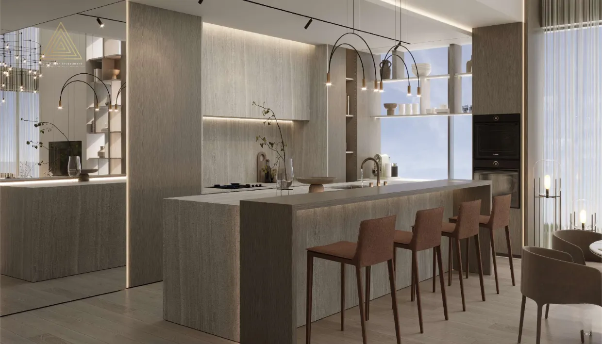 Gharbi 2 Residences at JVC by Rabdan Real Estate Developmentمساكن غربي 2 في قرية جميرا الدائرية من ربدان للتطوير العقاري.dinning with kitchen