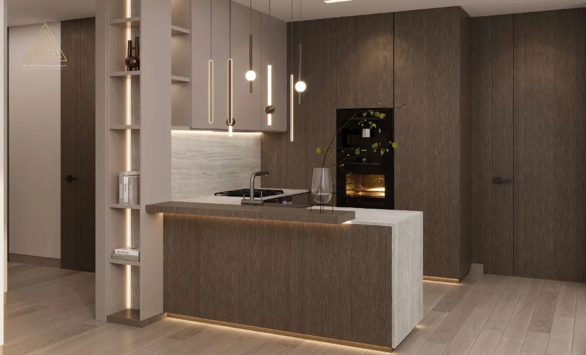 Gharbi 2 Residences at JVC by Rabdan Real Estate Developmentمساكن غربي 2 في قرية جميرا الدائرية من ربدان للتطوير العقاري.kitchen