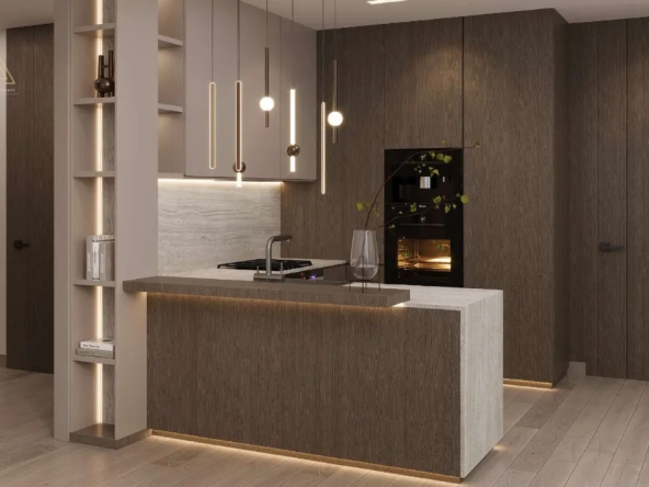 Gharbi 2 Residences at JVC by Rabdan Real Estate Developmentمساكن غربي 2 في قرية جميرا الدائرية من ربدان للتطوير العقاري.kitchen