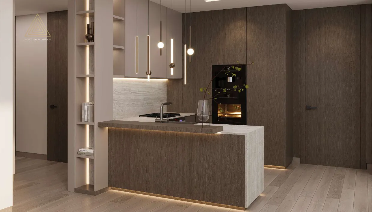 Gharbi 2 Residences at JVC by Rabdan Real Estate Developmentمساكن غربي 2 في قرية جميرا الدائرية من ربدان للتطوير العقاري.kitchen
