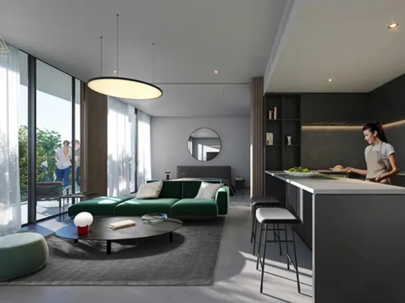 IL Teatro Residences 2 at Aljada, Sharjah by Aradaمساكن إل تياترو 2 في الجادة، الشارقة من أراداliving with open kitchen