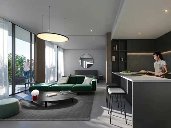 IL Teatro Residences 2 at Aljada, Sharjah by Aradaمساكن إل تياترو 2 في الجادة، الشارقة من أراداliving with open kitchen