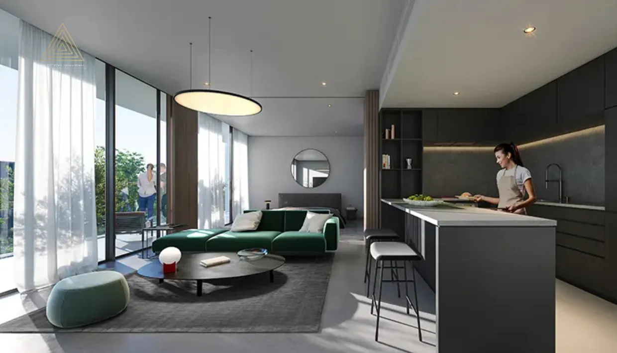 IL Teatro Residences 2 at Aljada, Sharjah by Aradaمساكن إل تياترو 2 في الجادة، الشارقة من أراداliving with open kitchen