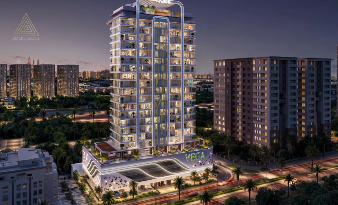 Vega Residence at Dubai Sports City by Acube Developmentsفيجا ريزيدنس في مدينة دبي الرياضية من شركة أكيوب للتطوير العقاريnight view