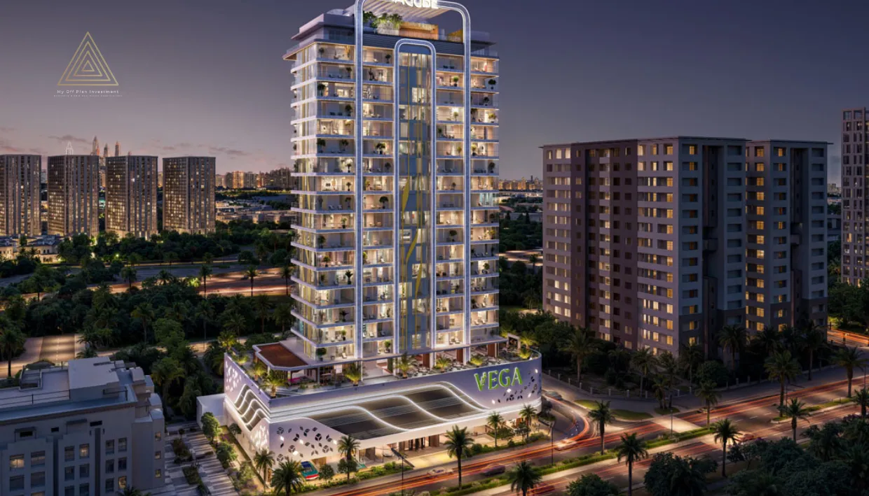 Vega Residence at Dubai Sports City by Acube Developmentsفيجا ريزيدنس في مدينة دبي الرياضية من شركة أكيوب للتطوير العقاريnight view