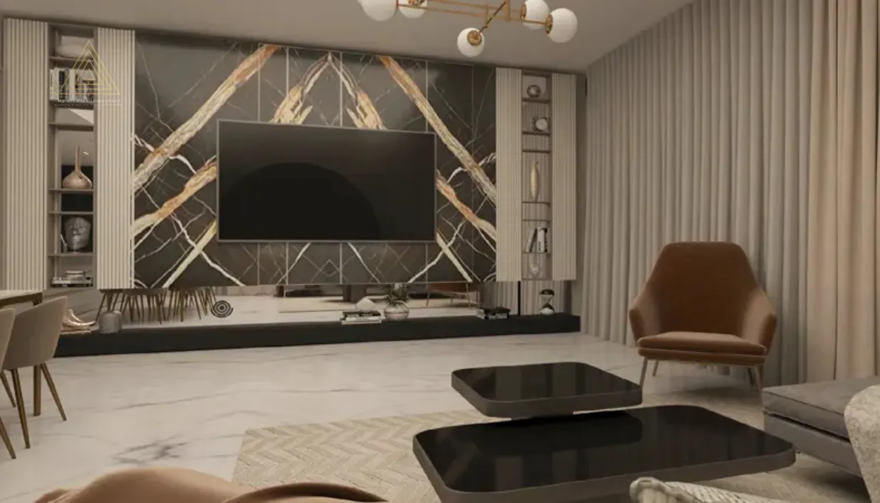 Binghatti Crest at JVC, Dubai by Binghatti Developersبن غاطي كريست في قرية جميرا الدائرية، دبي من شركة بن غاطي للتطوير العقاريtv lounge